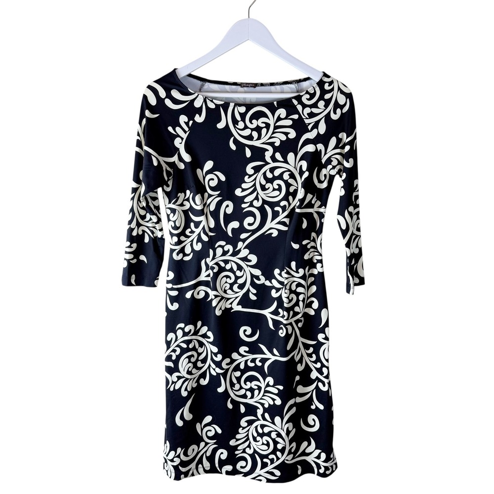 J.McLaughlin Black White Scroll Print 3/4 Sleeve Boat Neck Sheath Dress Womens S